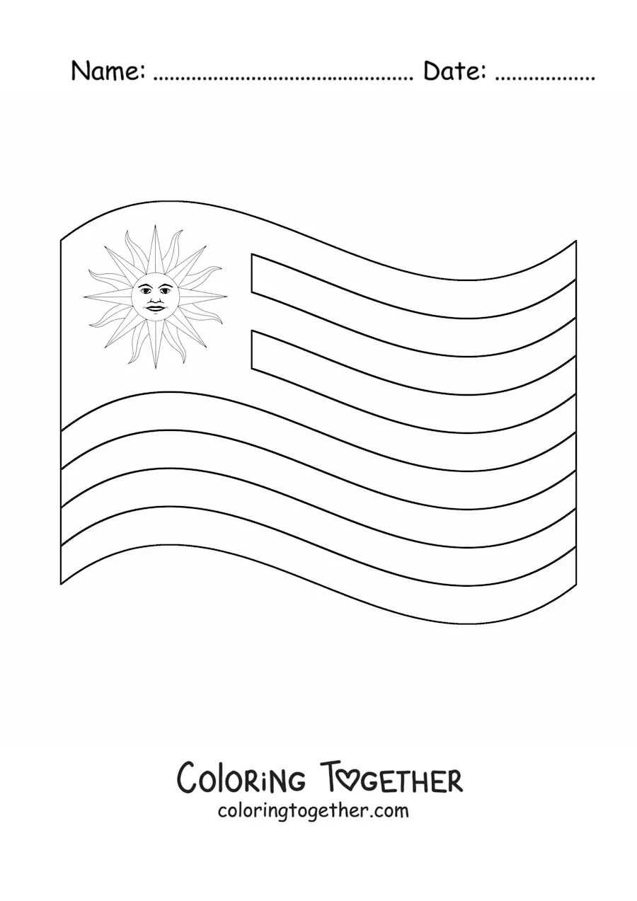 Coloring page of the flag of Uruguay waving