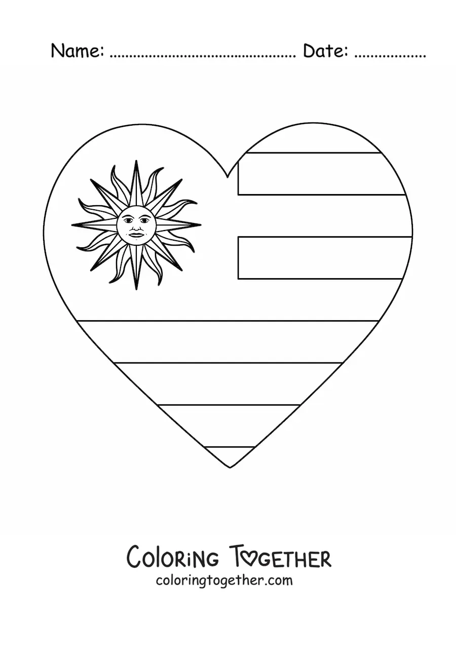 Coloring page of a heart with the flag of Uruguay