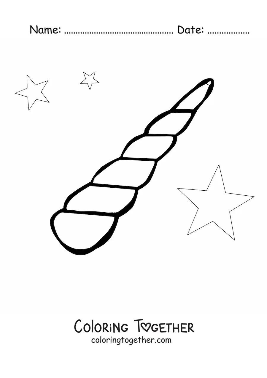 Coloring page of a unicorn's horn with stars in the background