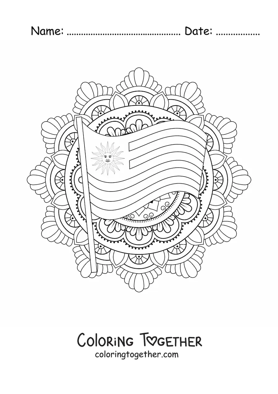 Coloring page of the flag of Uruguay with a mandala