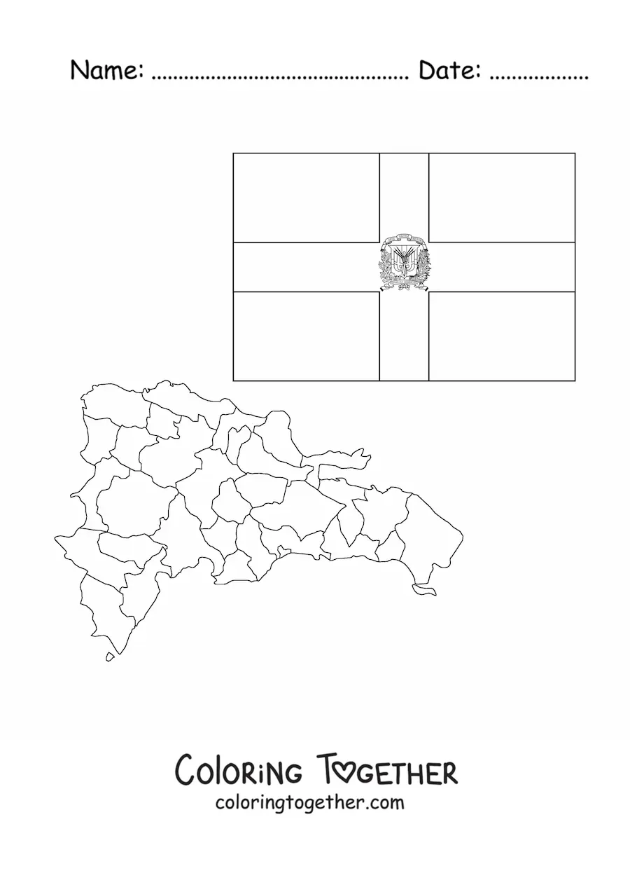 Coloring page of the flag of the Dominican Republic with a map