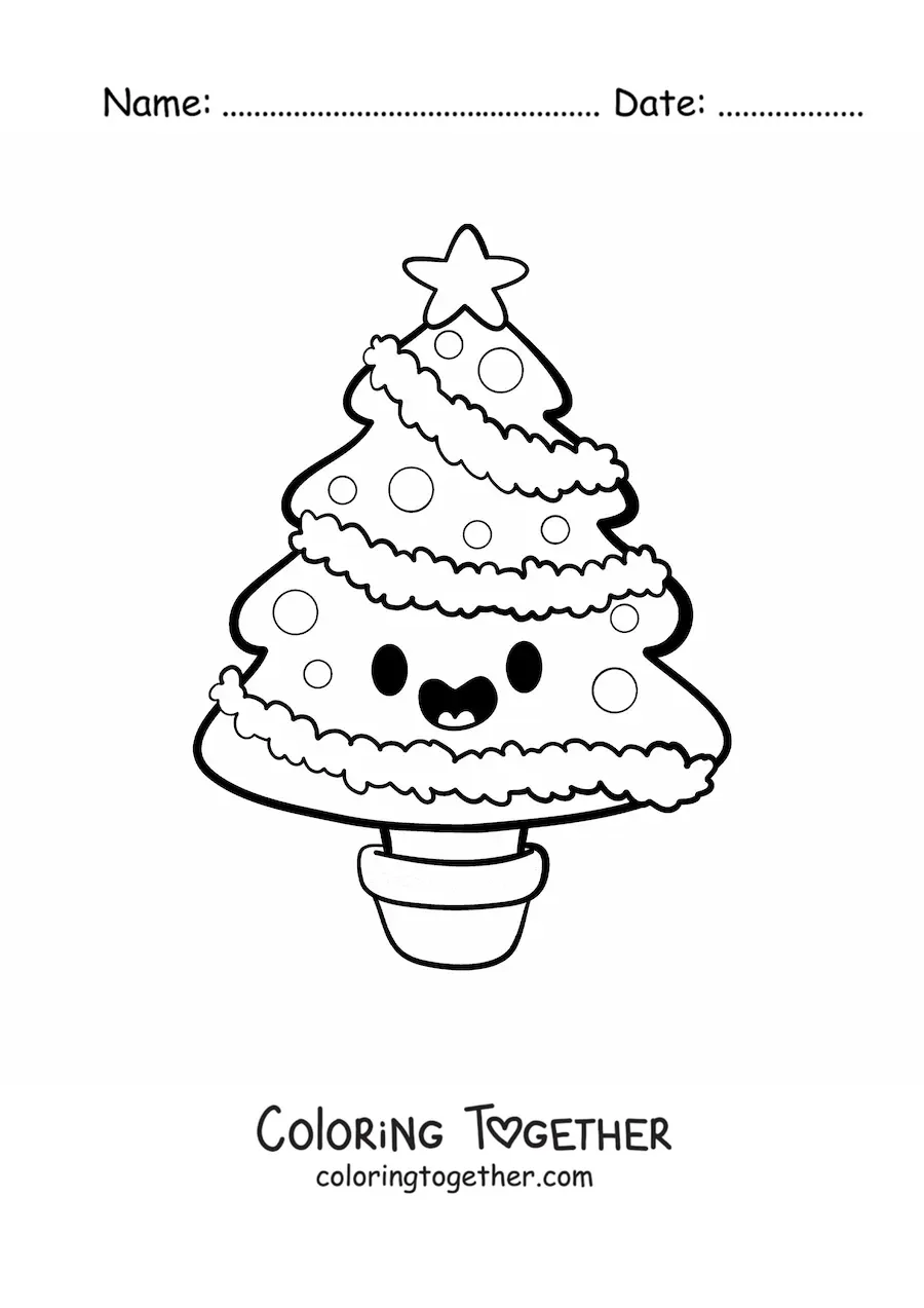 Coloring page of a kawaii Christmas tree in a pot
