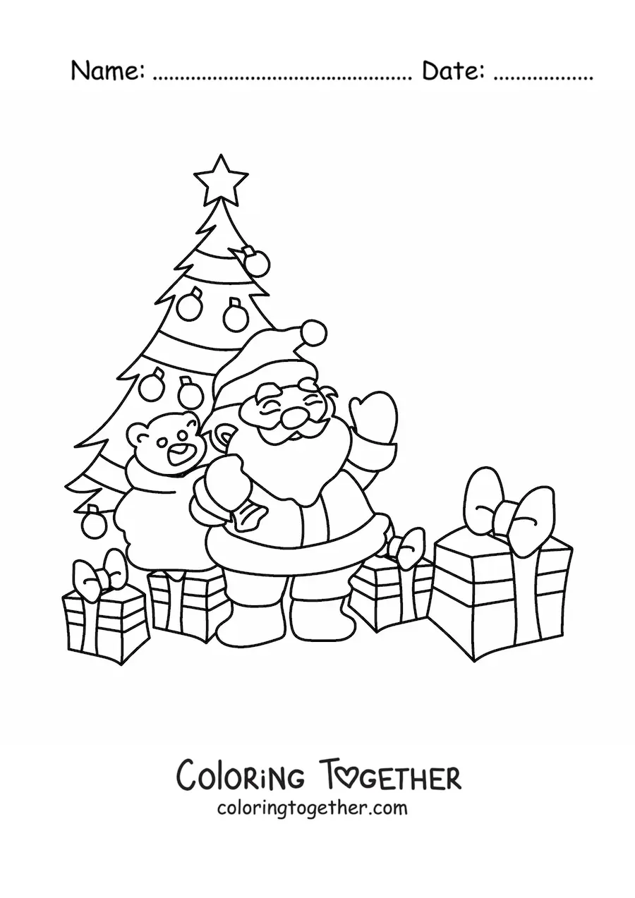 Coloring page of Santa Claus with a Christmas tree and presents