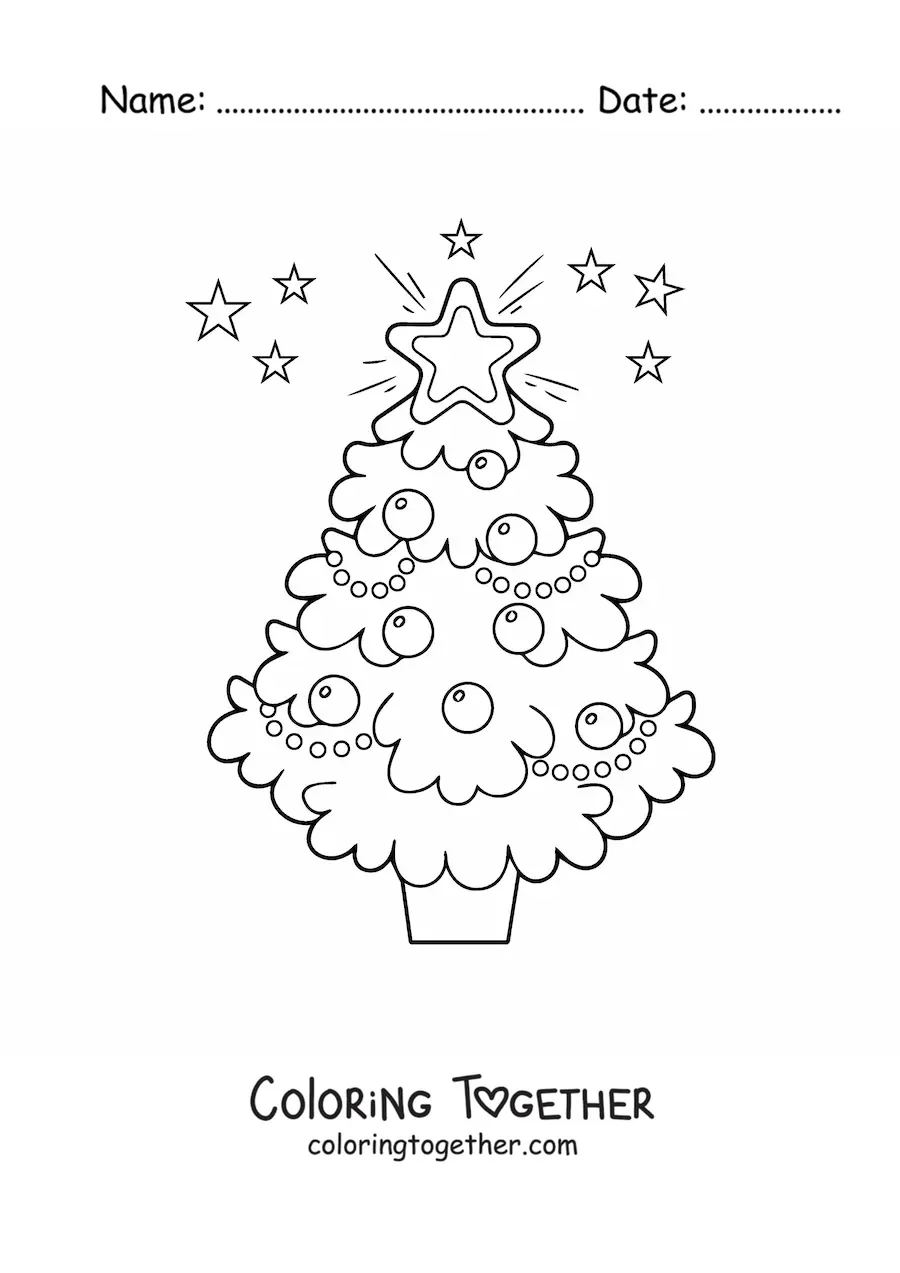 Coloring page of a big Christmas tree decorated with stars all around