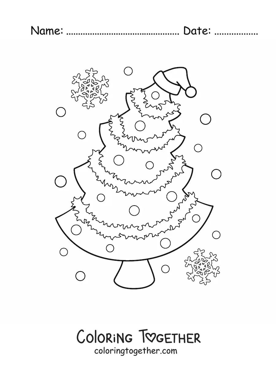 Coloring page of a Christmas tree with a Santa hat and snowflakes all around