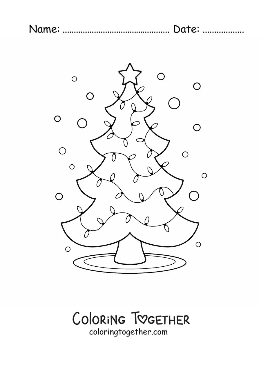 Coloring page of a Christmas tree with lights