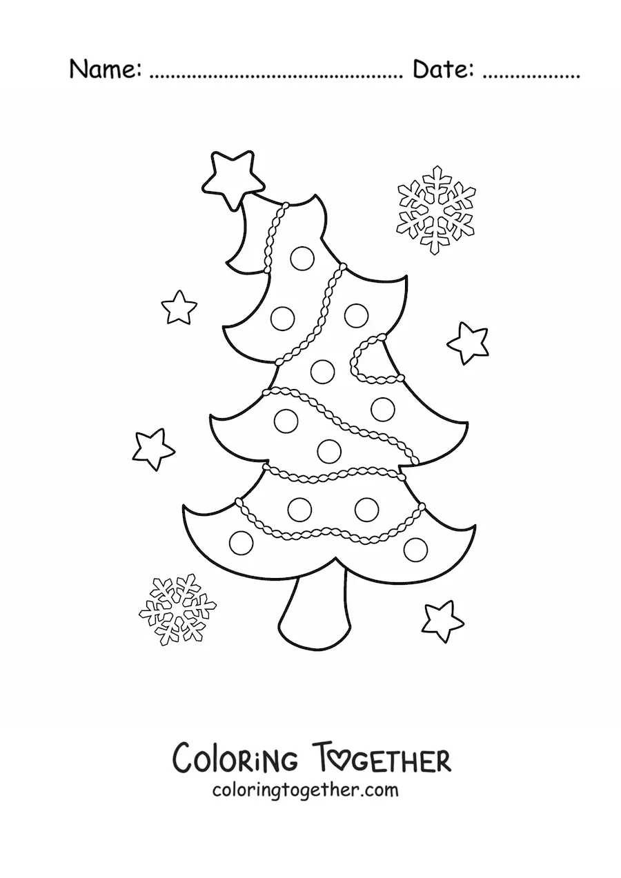 Coloring page of a Christmas tree with stars and snowflakes in the background
