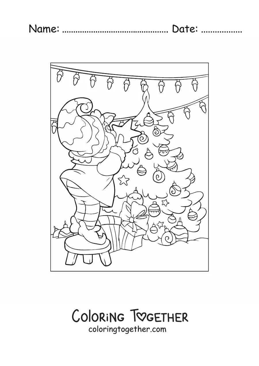 Coloring page of one of Santa's elves placing the star on the little tree