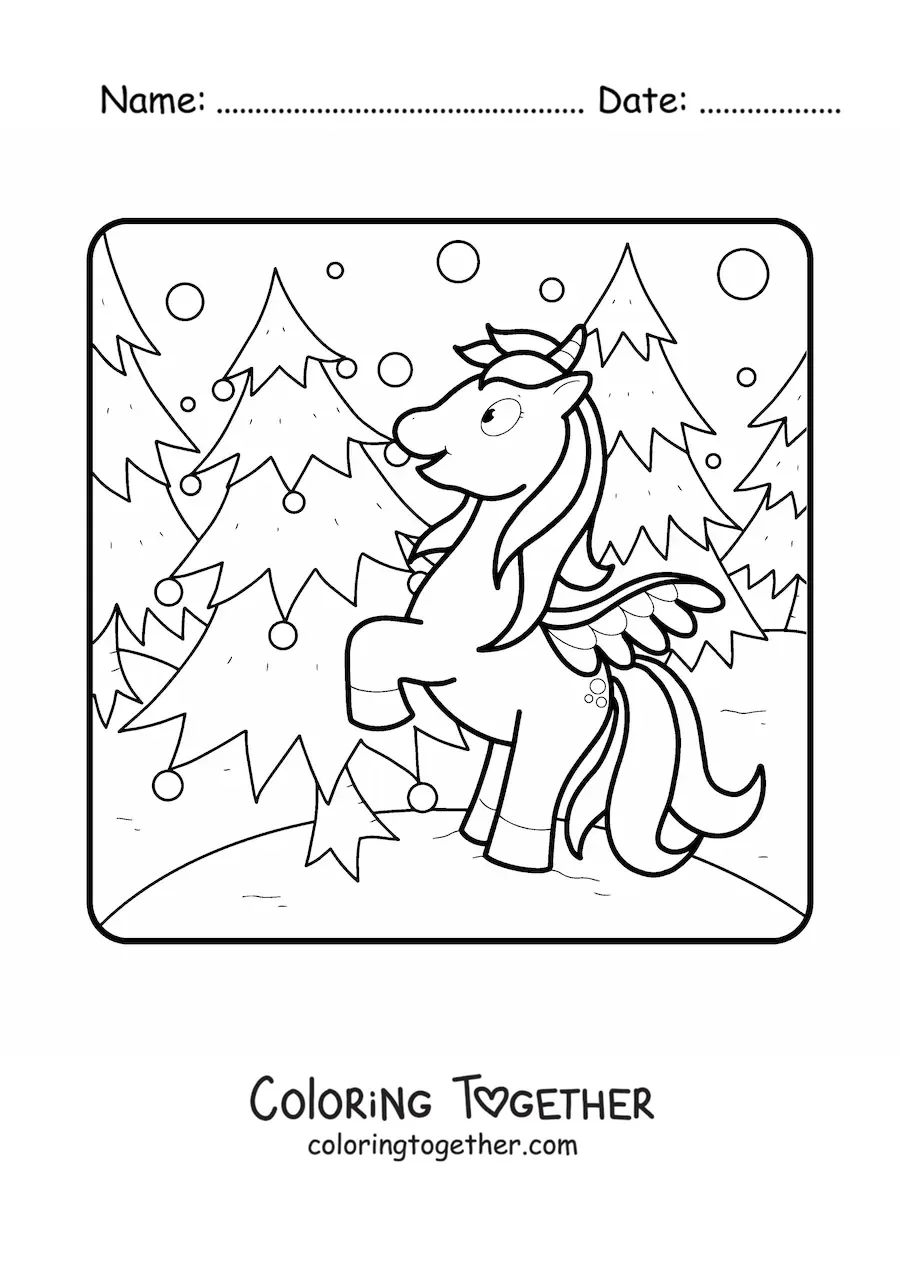 Coloring page of a cartoon unicorn next to a Christmas tree
