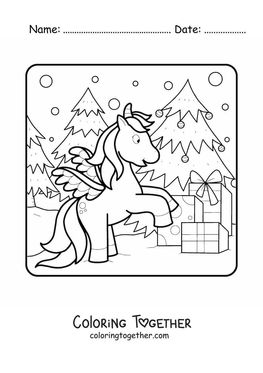 Coloring page of a cartoon unicorn next to a Christmas tree with presents
