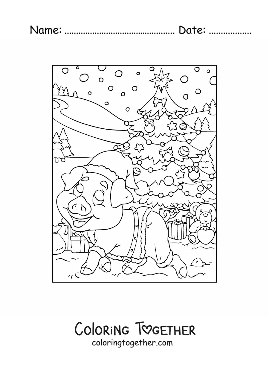 Coloring page of a cartoon pig dressed as Santa with a Christmas tree and presents