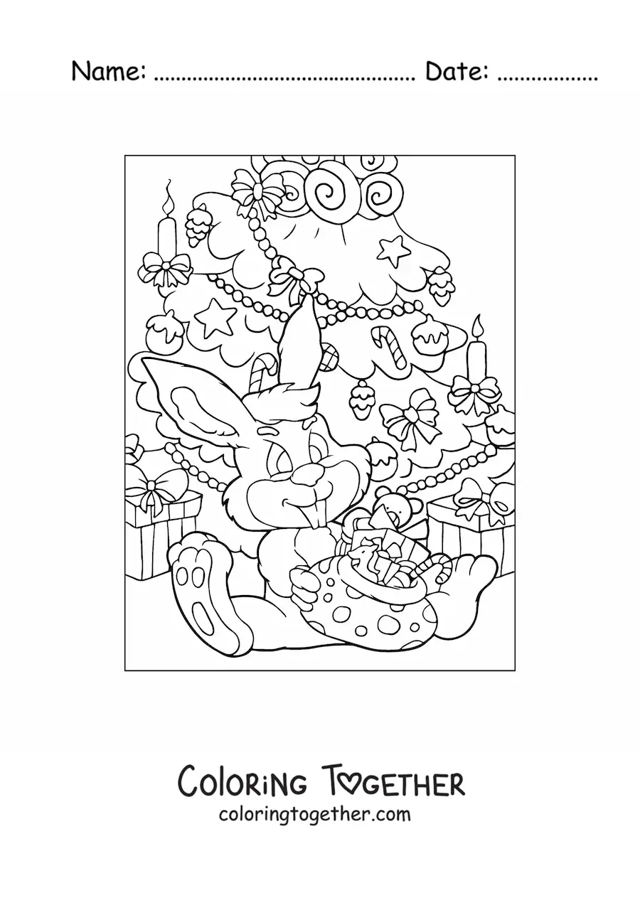 Coloring page of a cartoon rabbit opening presents next to the Christmas tree