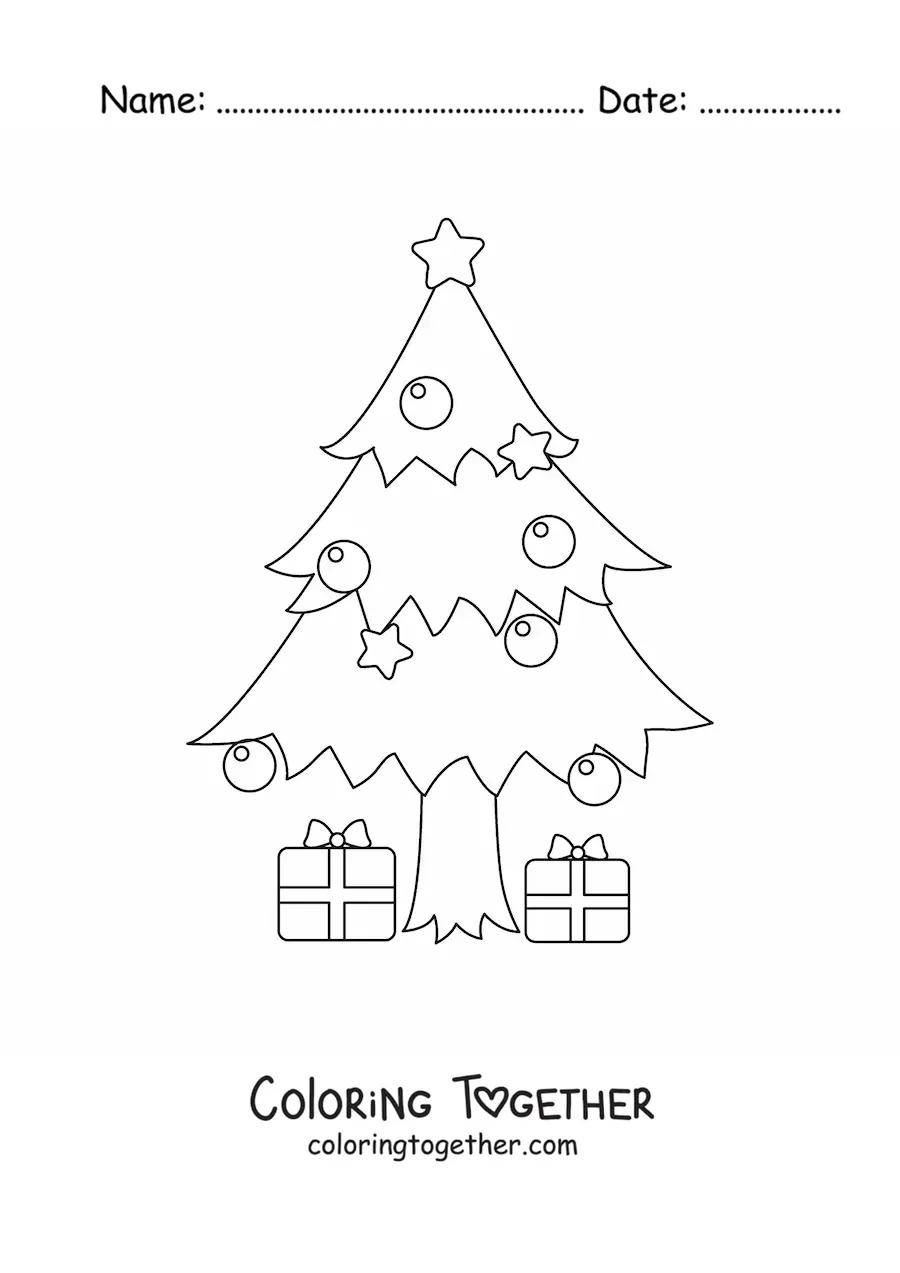 Coloring page of a Christmas tree with presents