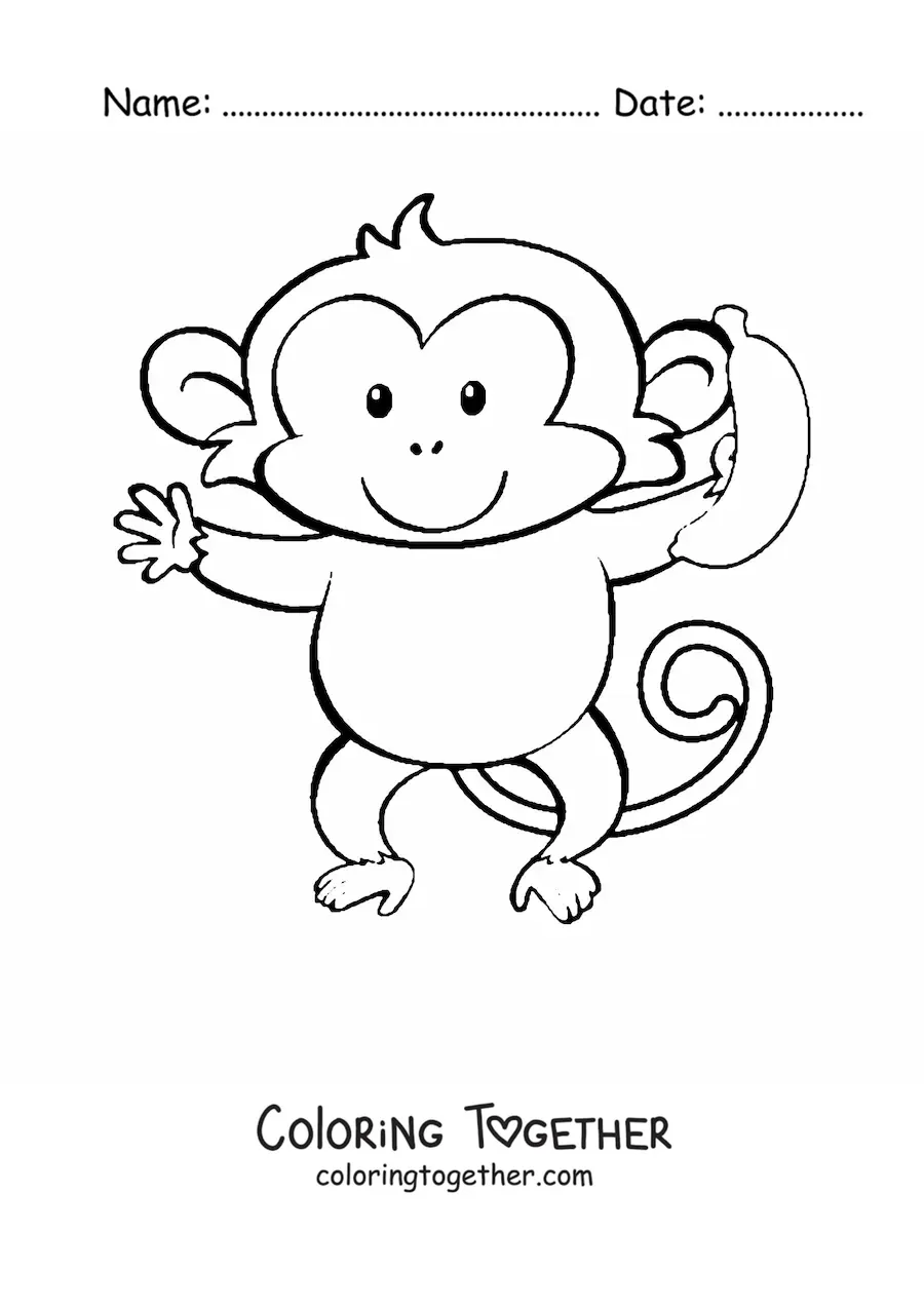 Coloring page of a kawaii cartoon monkey eating a banana