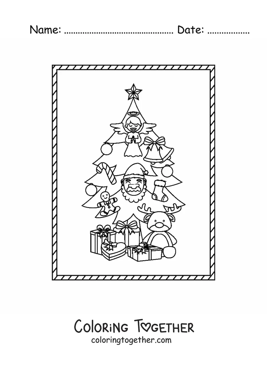 Coloring page of a decorated Christmas tree with presents underneath