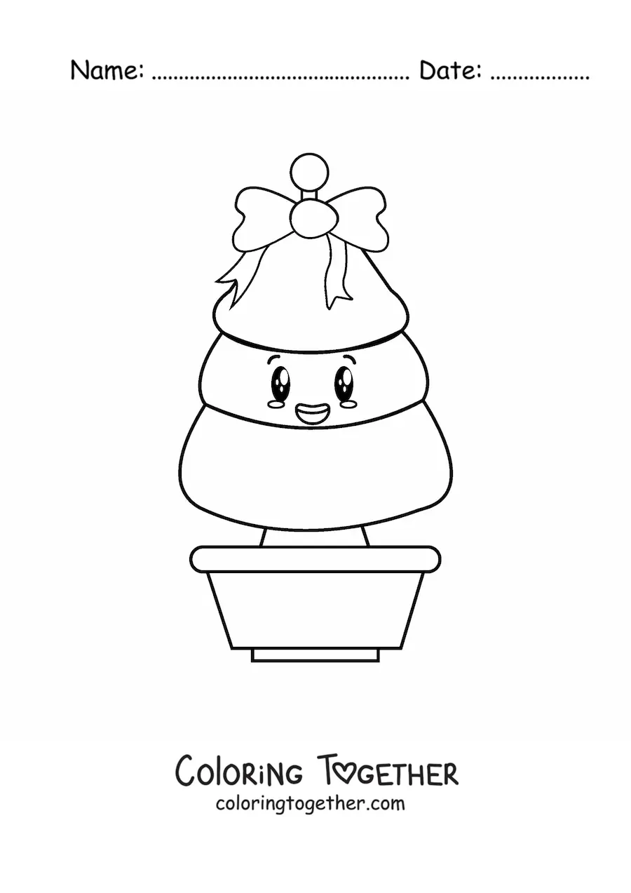 Coloring page of a kawaii Christmas tree with a bow in a pot