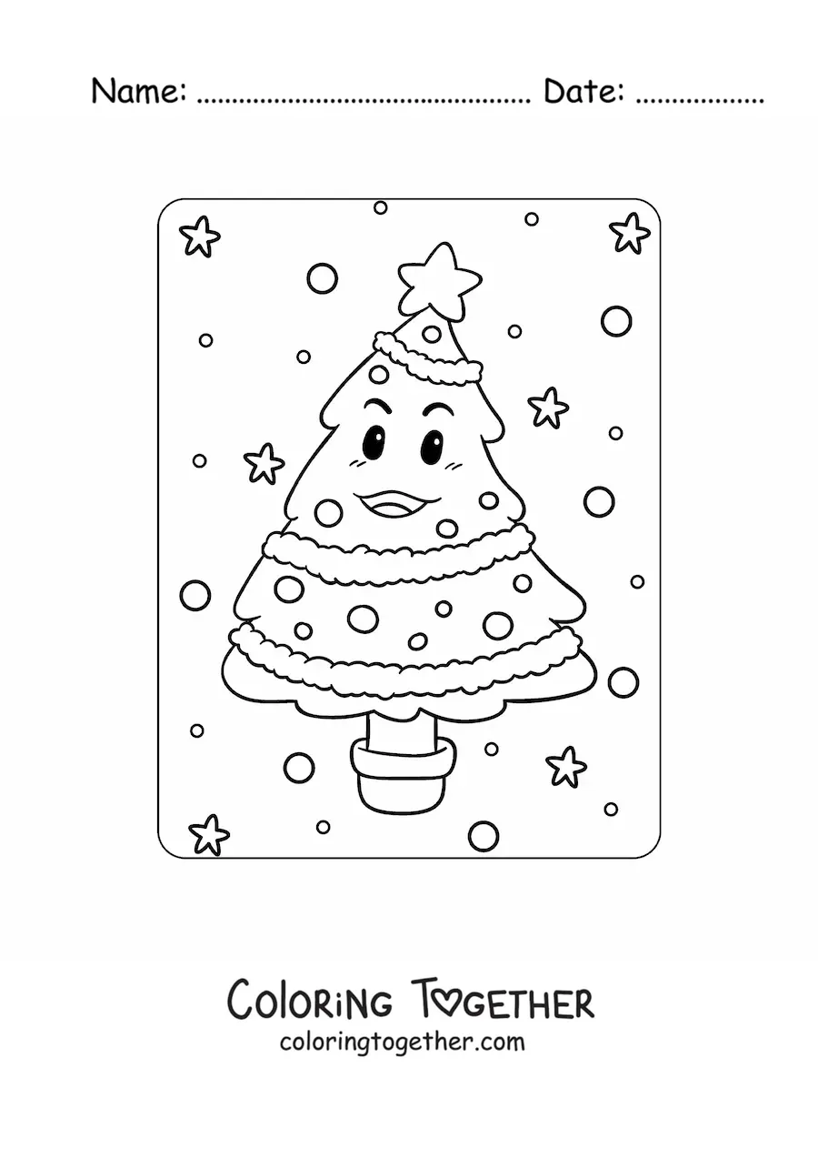 Coloring page of a cartoon Christmas tree in a pot