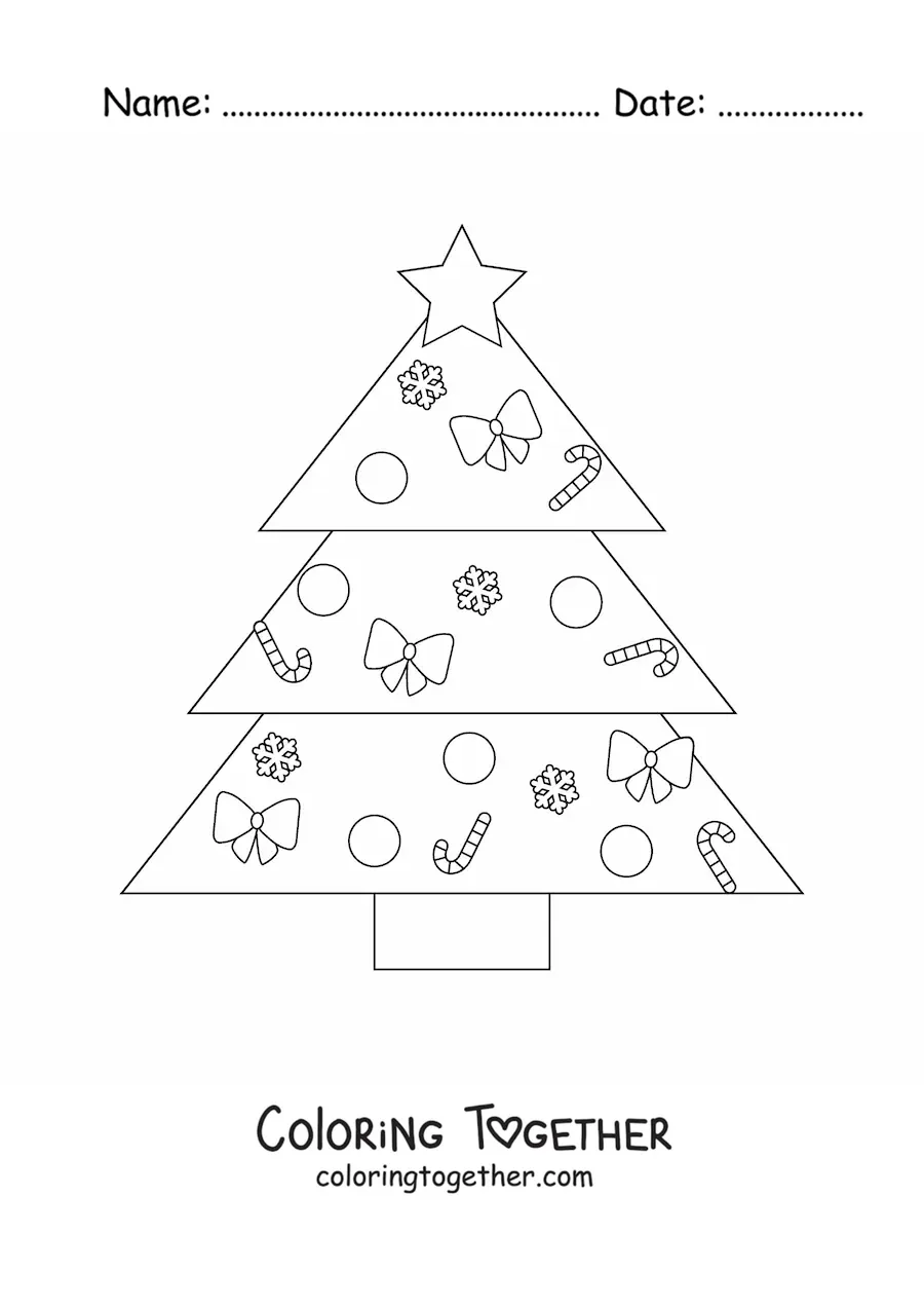 Coloring page of a triangle-shaped Christmas tree decorated with candy canes