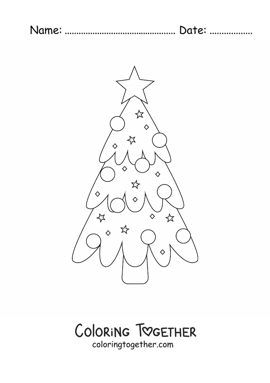 Coloring page of a simple decorated Christmas tree