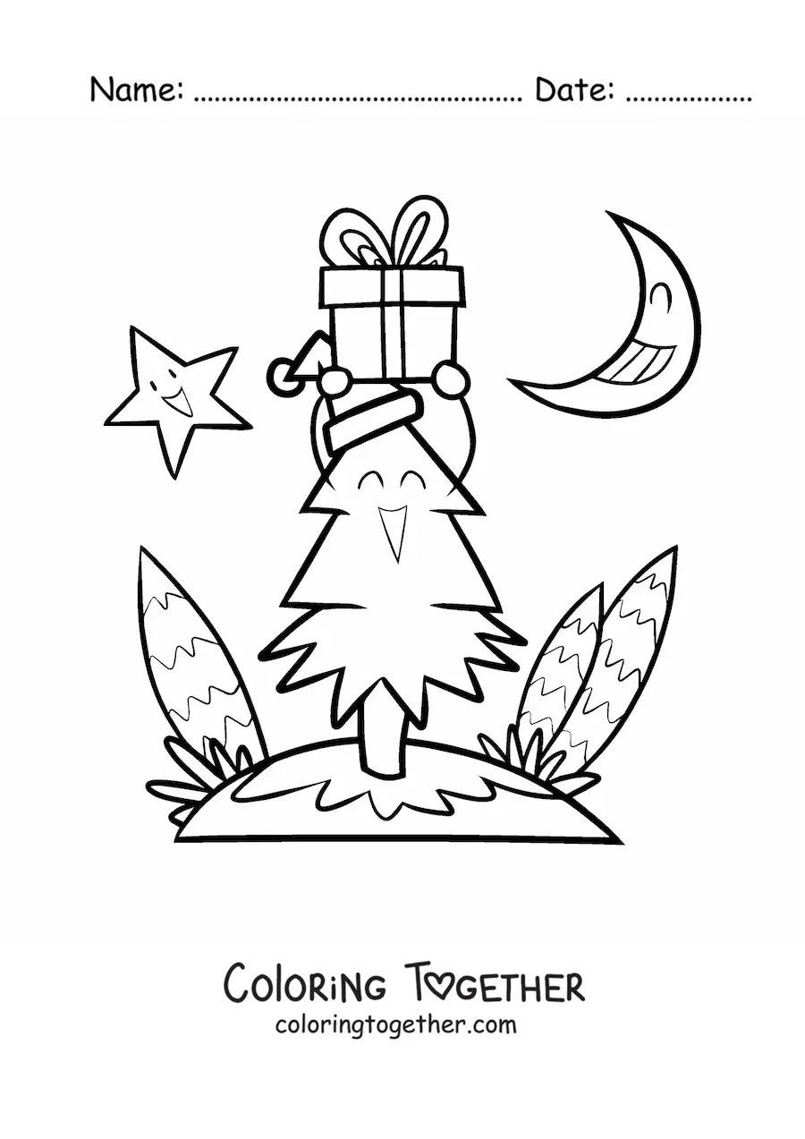 Coloring page of a cartoon Christmas tree with a present, with the moon and a star in the background