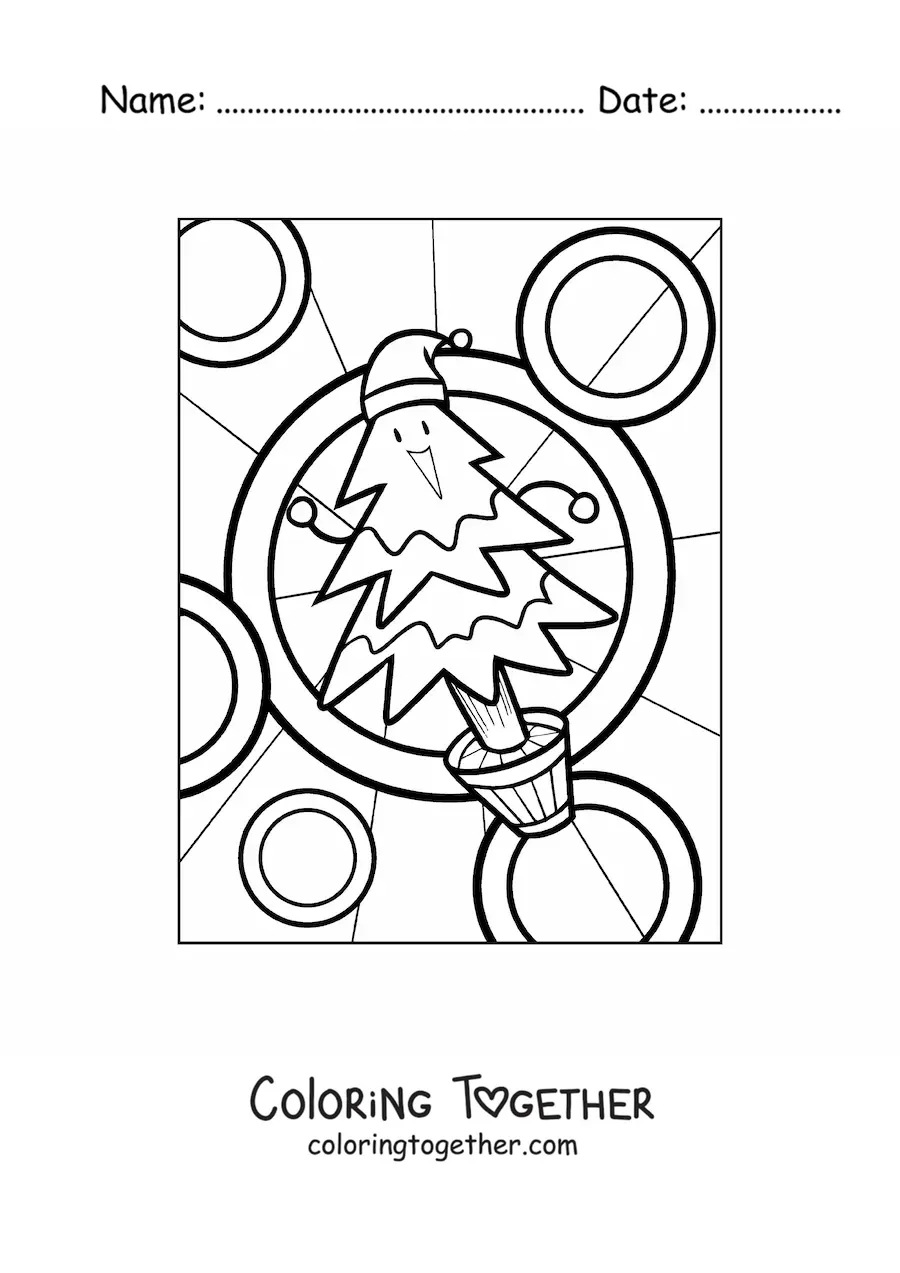 Coloring page of a smiling cartoon Christmas tree in a pot