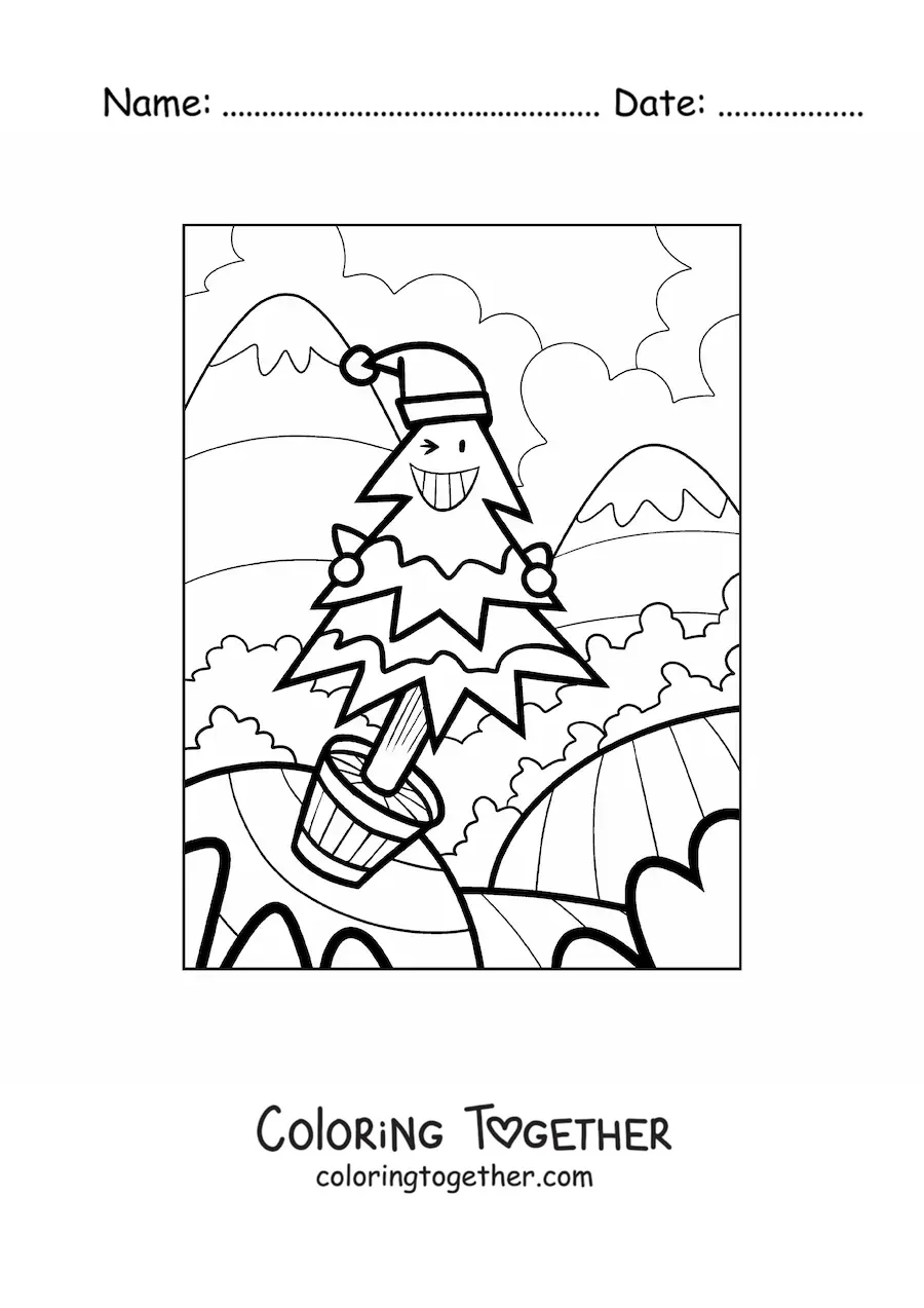 Coloring page of a cartoon caricature of a Christmas tree in a pot