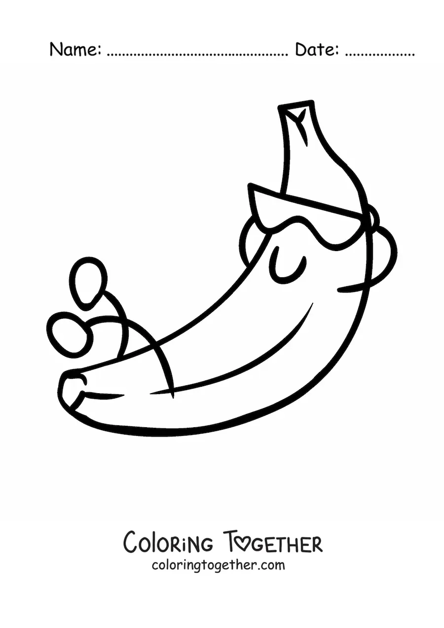 Coloring page of a cartoon banana relaxing with sunglasses