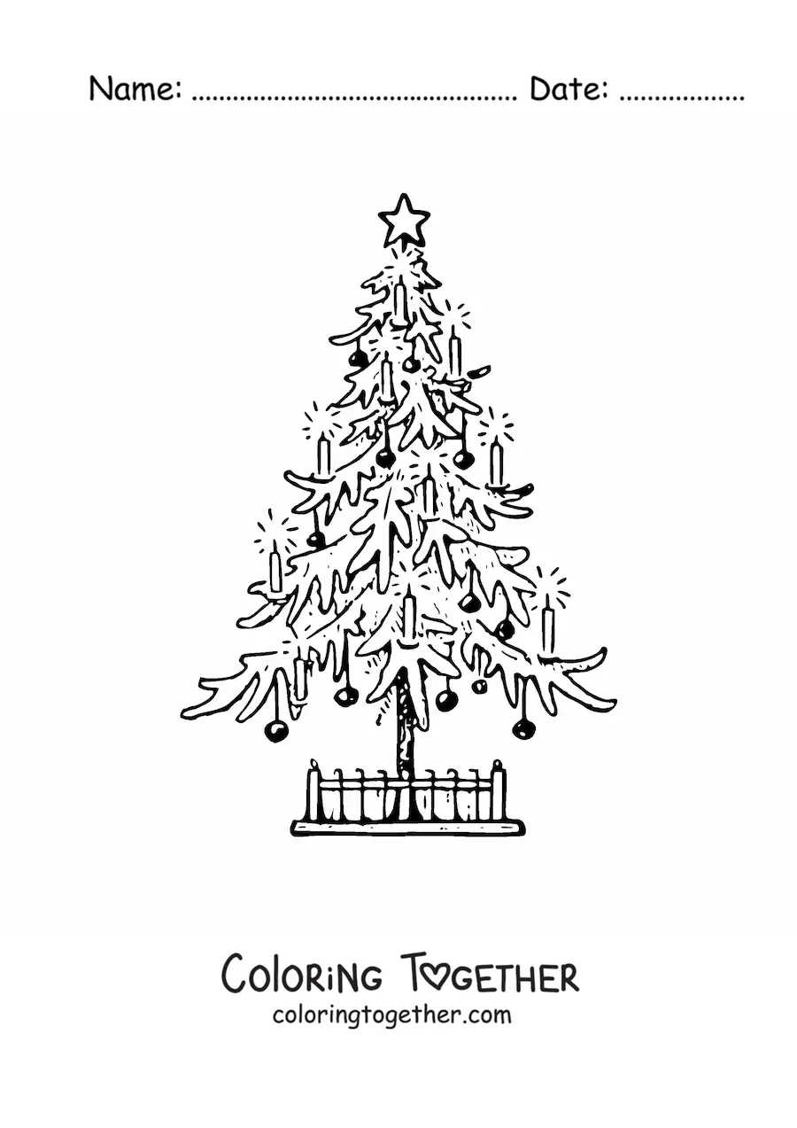 Coloring page of a realistic decorated Christmas tree