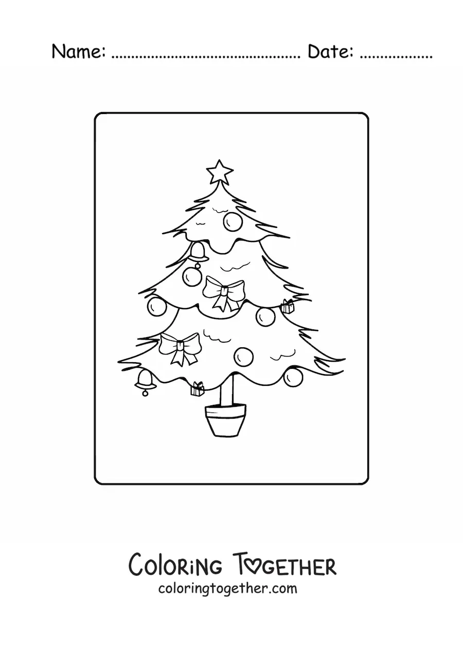 Coloring page of a Christmas tree with bows in a pot
