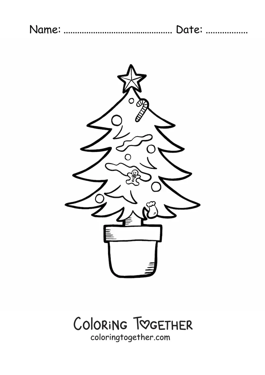 Coloring page of a Christmas tree with ornaments in a pot