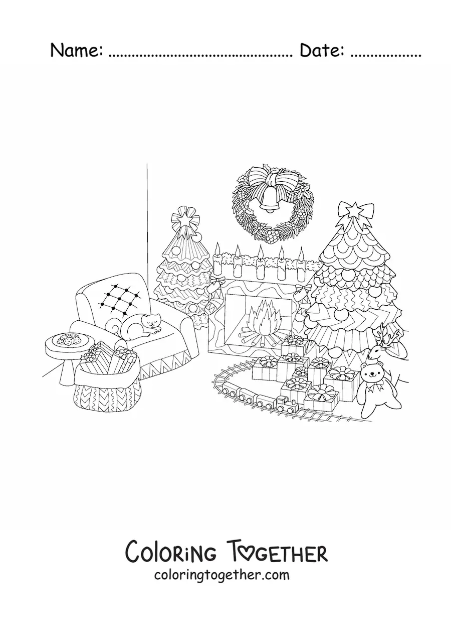 Coloring page of a Christmas tree in a decorated living room with presents and toys underneath