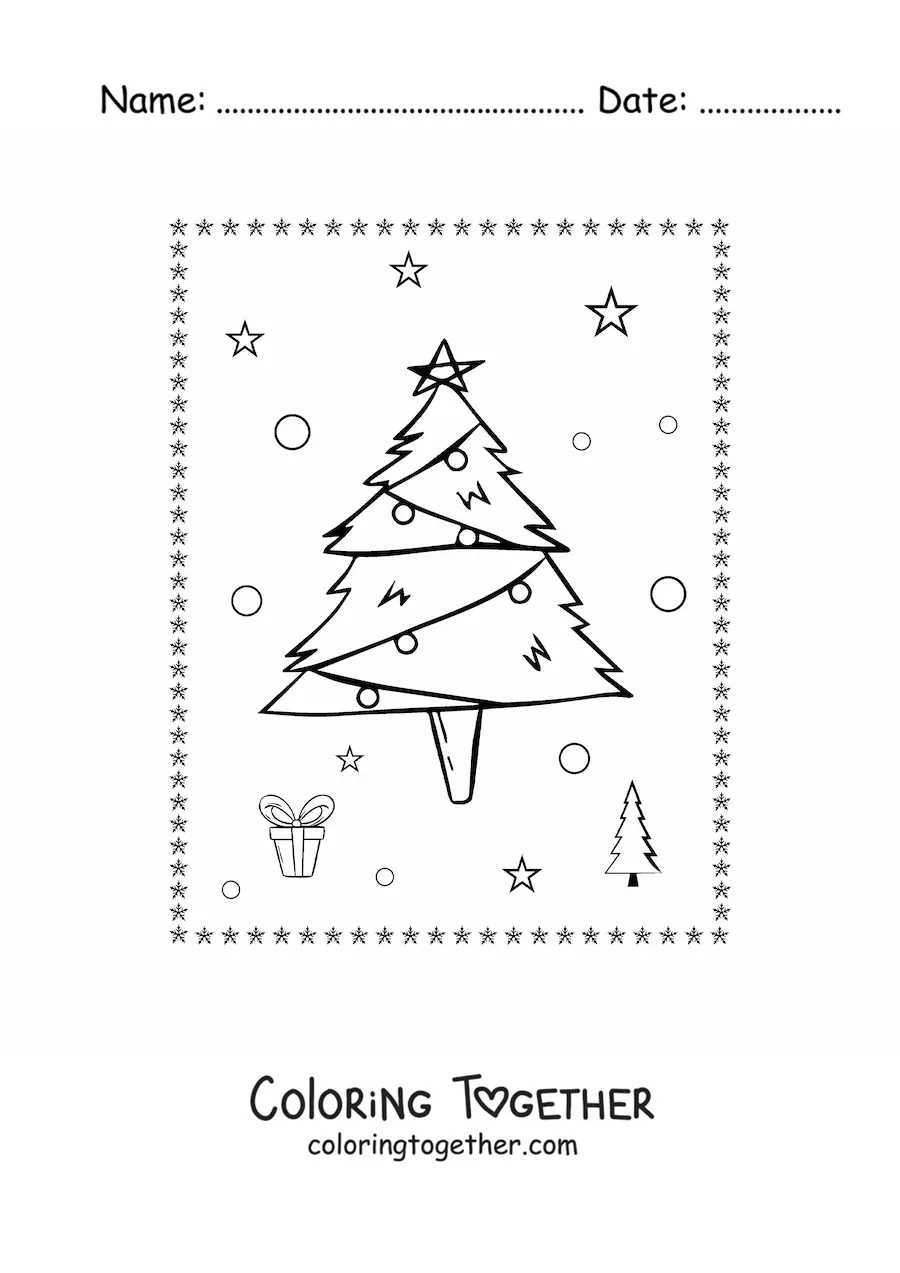 Coloring page of a little Christmas tree with a zigzag ornament