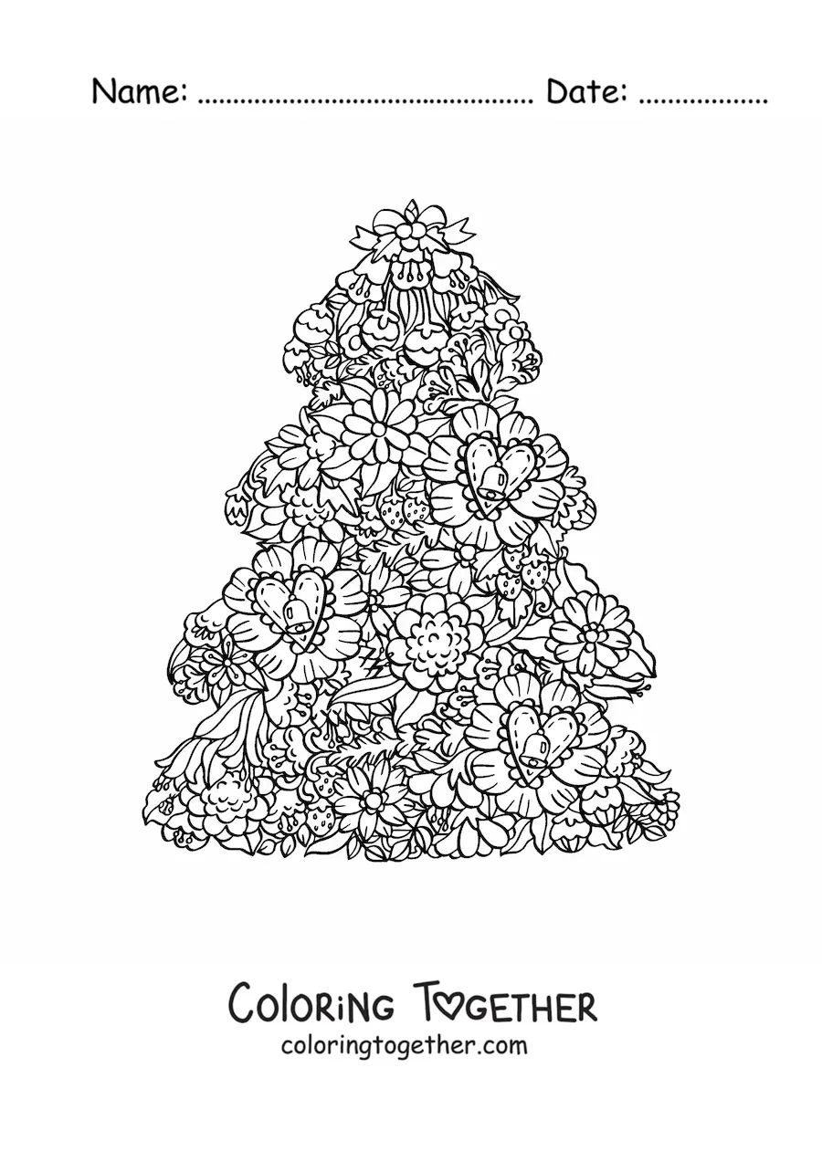 Coloring page of a little Christmas tree with flowers and hearts
