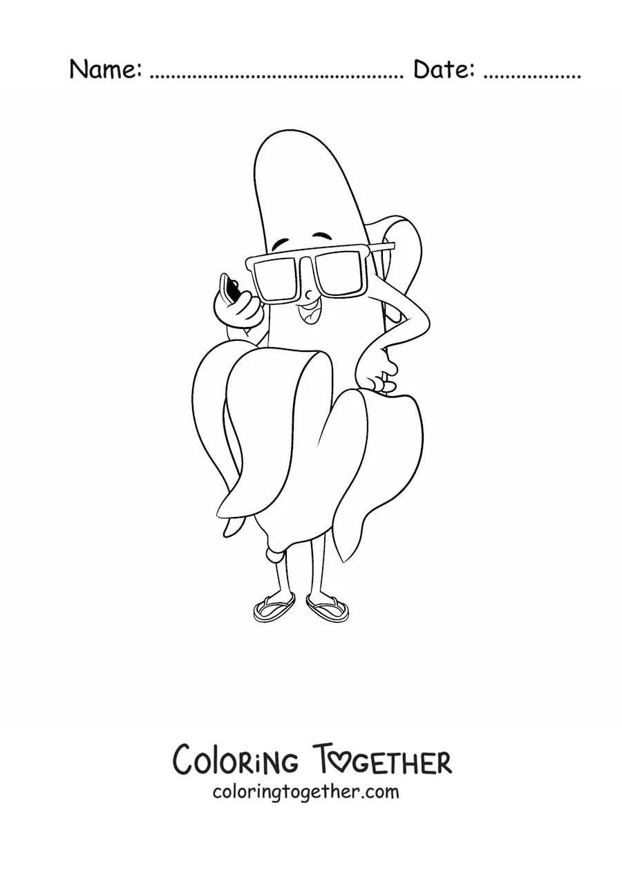 Coloring page of a cartoon banana with sunglasses