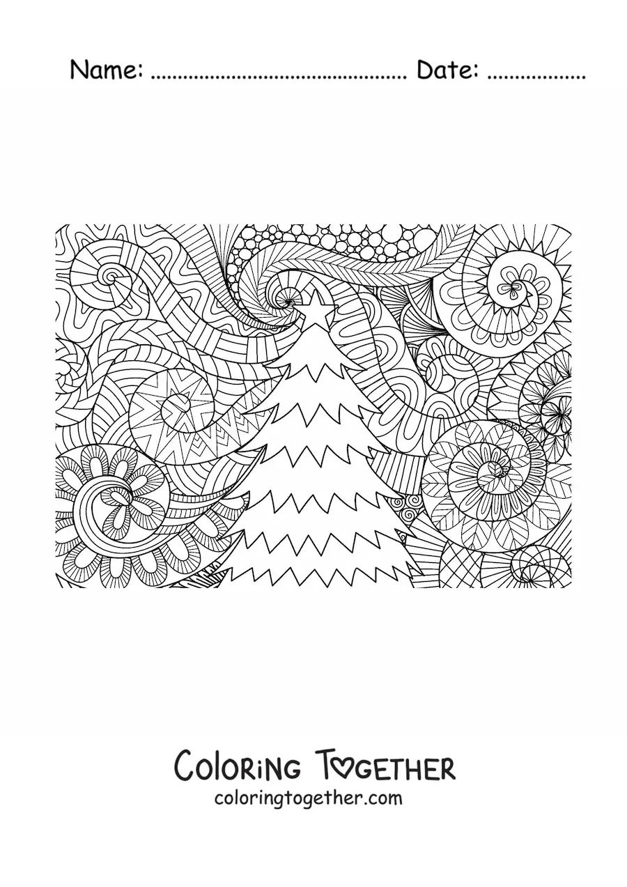 Coloring page of a little Christmas tree with a zentangle style background