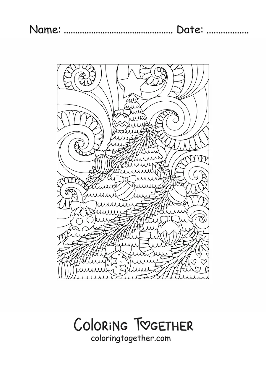 Coloring page of a zentangle style little Christmas tree