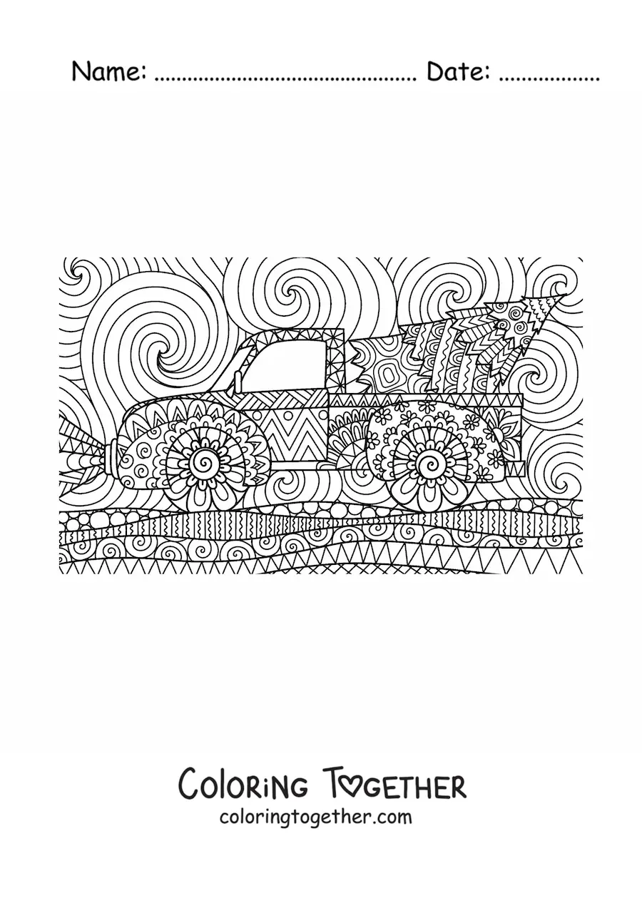 Coloring page of a little Christmas tree on a truck in zentangle style