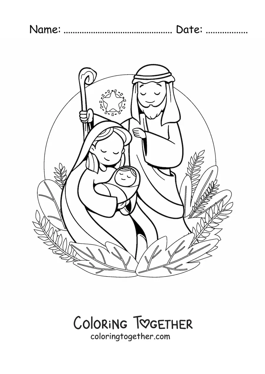 Coloring page of a pretty Christmas nativity scene