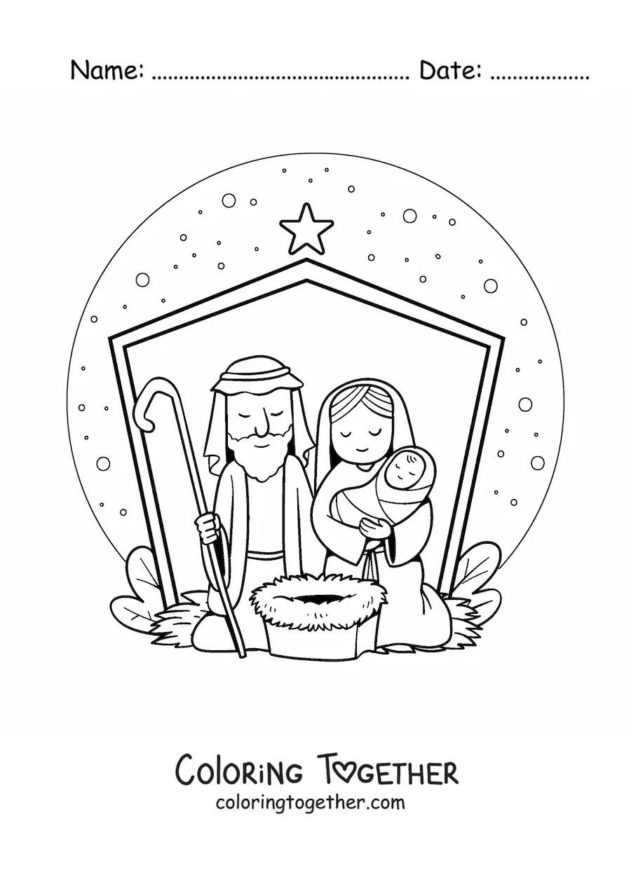 Coloring page of a Christmas nativity manger