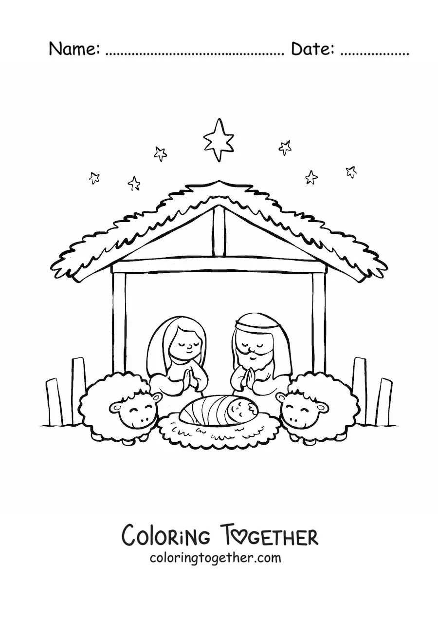 Coloring page of a Christmas nativity scene with sheep