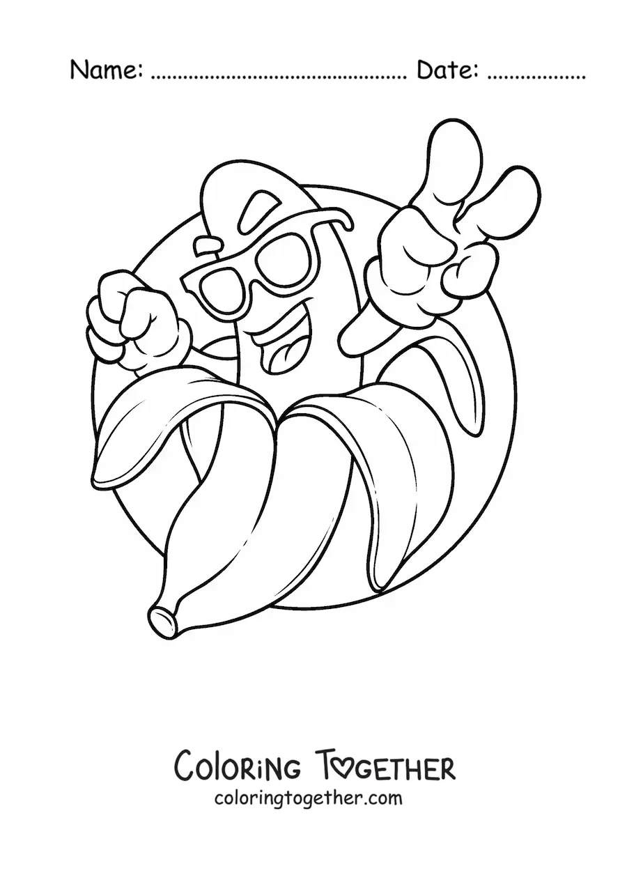 Coloring page of a cartoon banana waving with sunglasses