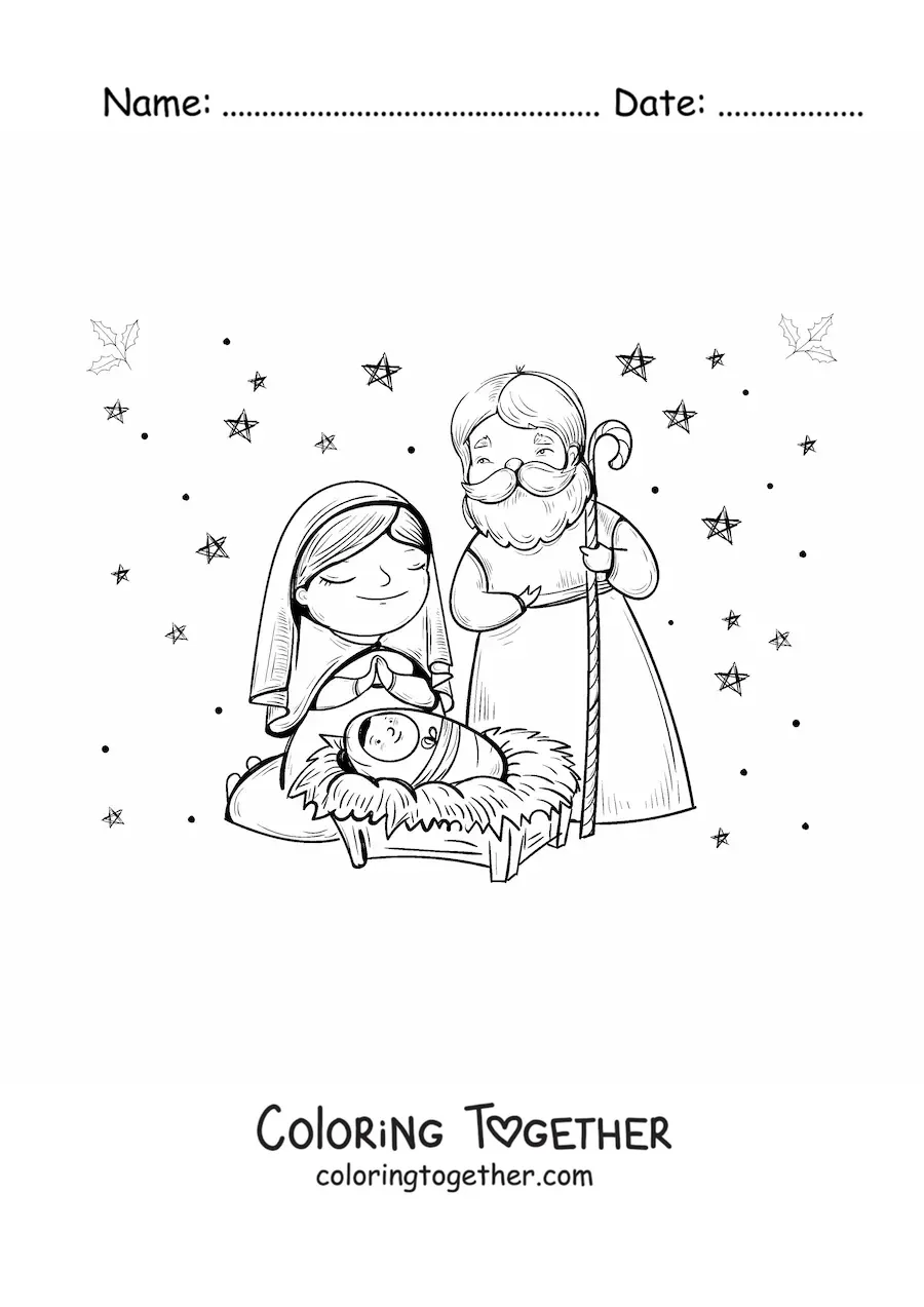 Coloring page of a kawaii nativity scene
