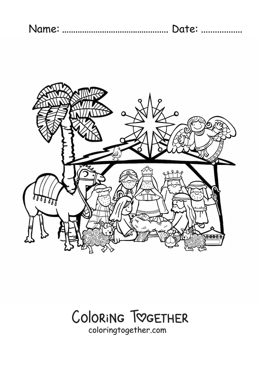 Coloring page of a Christmas manger with a camel, sheep, the Three Wise Men, and the angel Gabriel