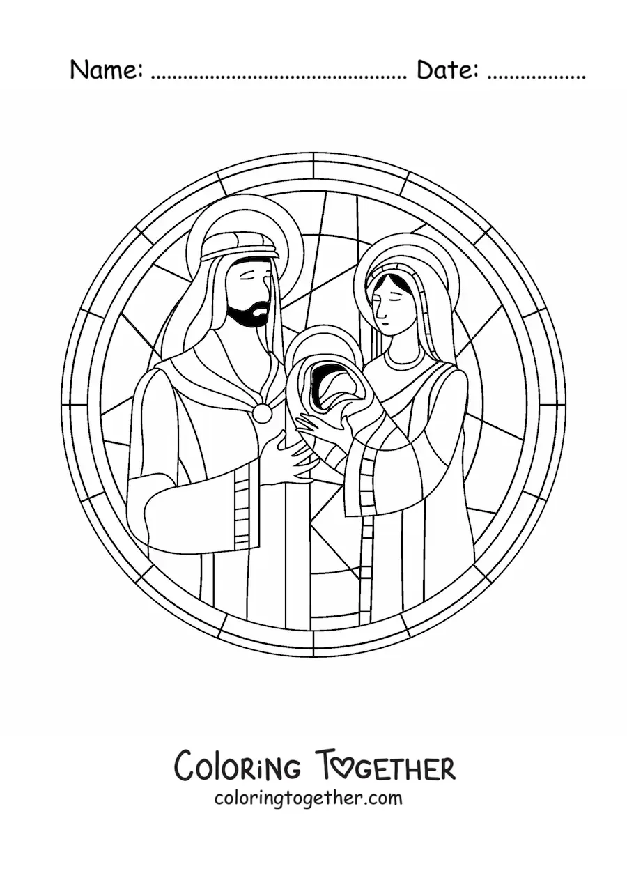 Coloring page of a stained glass window with a Christmas nativity scene