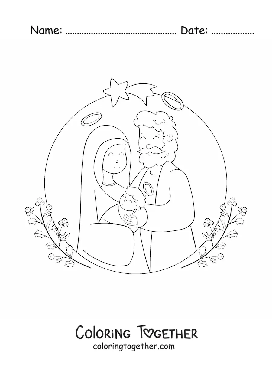 Coloring page of a kawaii nativity scene