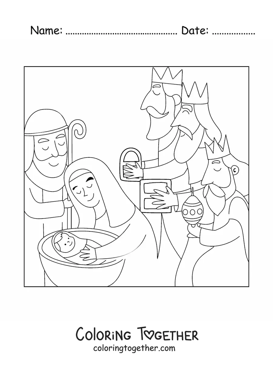 Coloring page of a nativity scene with the Three Wise Men
