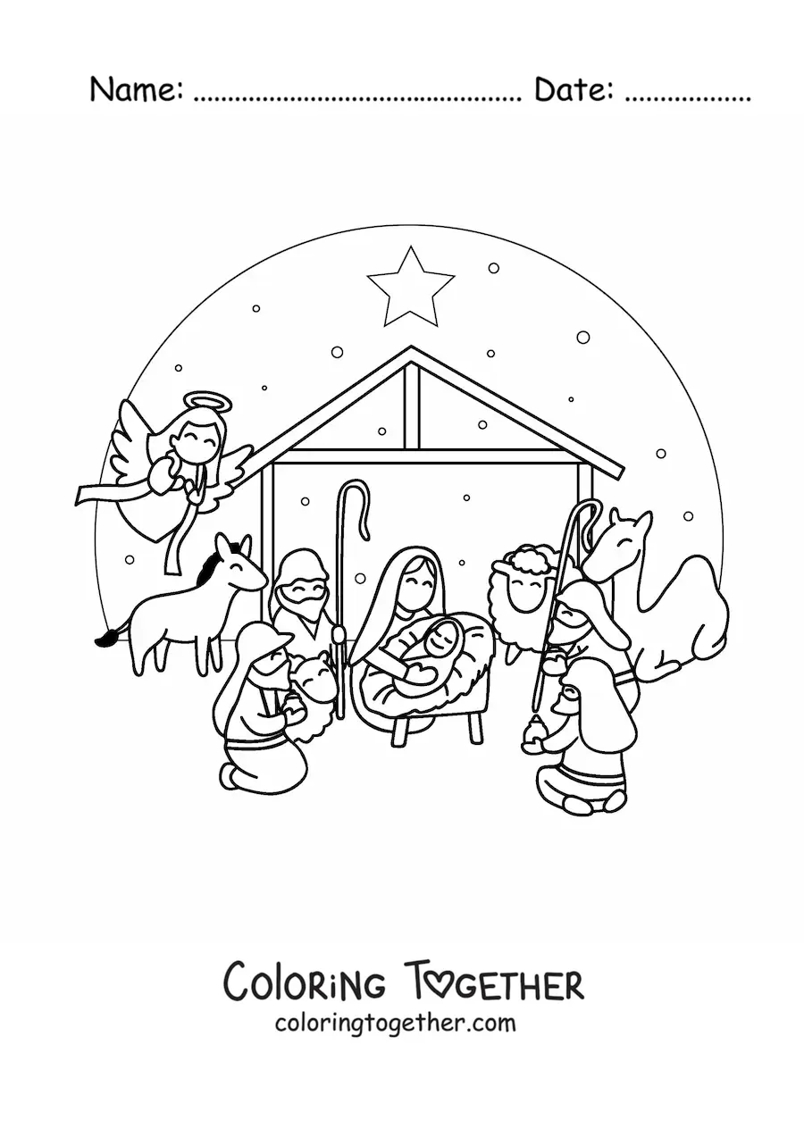 Coloring page of a Christmas nativity scene with a camel, sheep, the Three Wise Men, and the angel Gabriel
