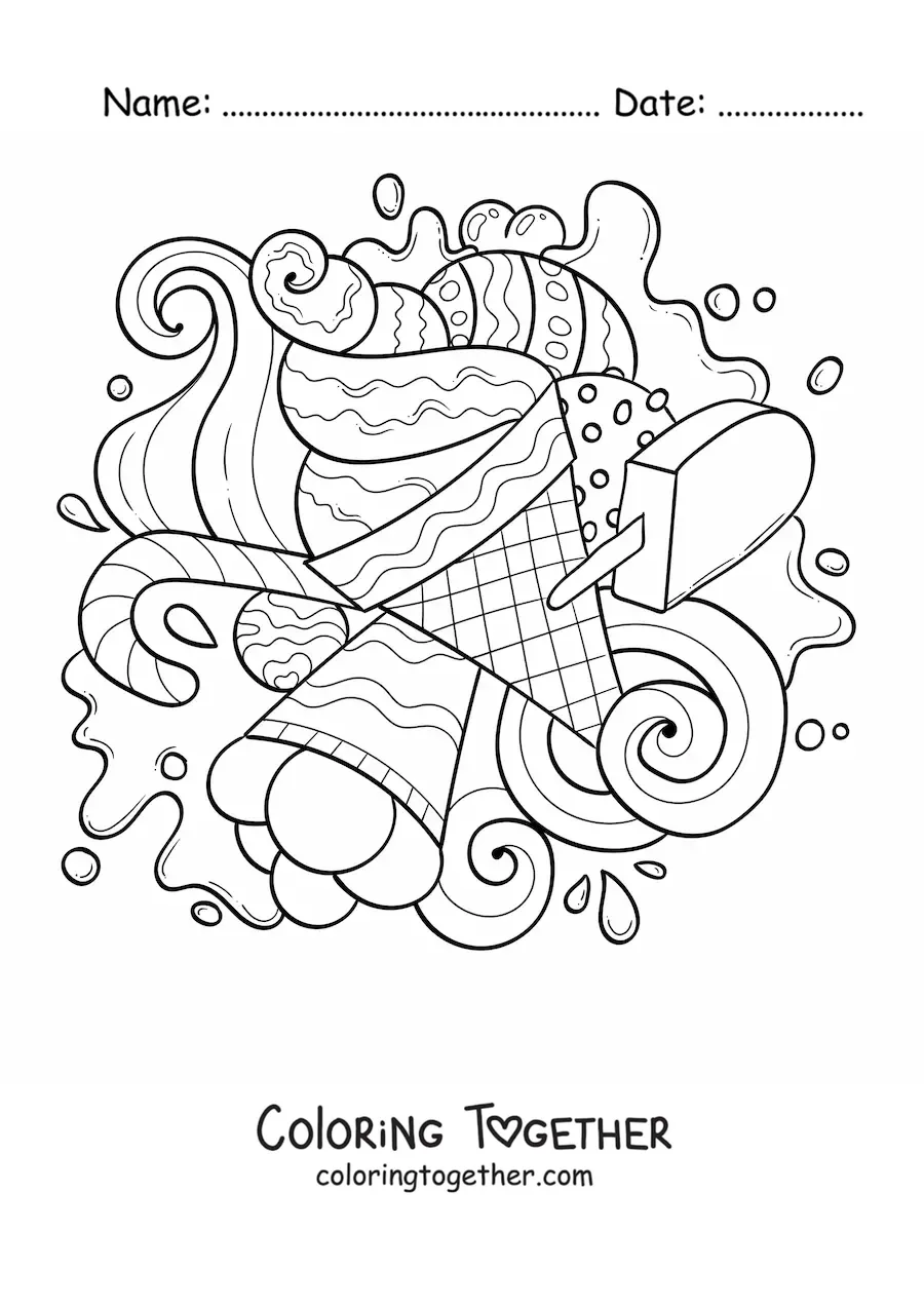 Coloring page of several ice creams and candies