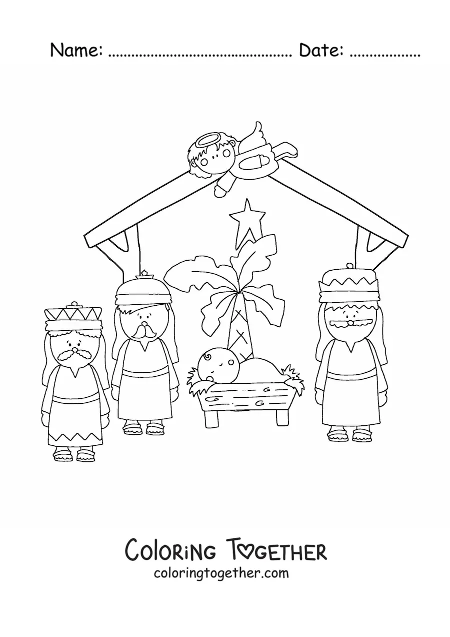 Coloring page of the Three Wise Men and the angel Gabriel with the baby Jesus in the manger
