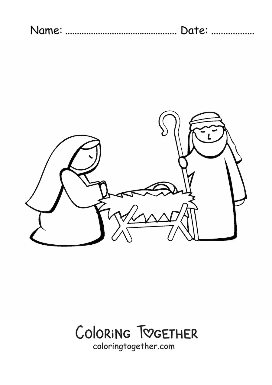 Coloring page of Mary with Joseph and the baby Jesus